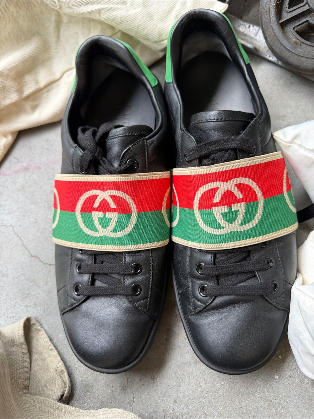 Gucci Black Leather Sneakers with Red & Green Web Band
